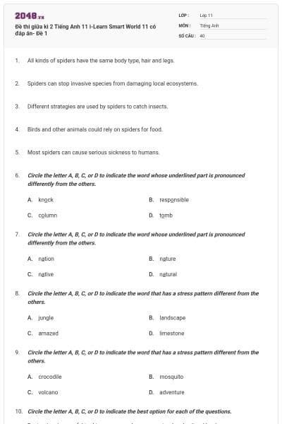 Đề thi giữa kì 2 Tiếng Anh 11 i-Learn Smart World 11 có đáp án- Đề 1