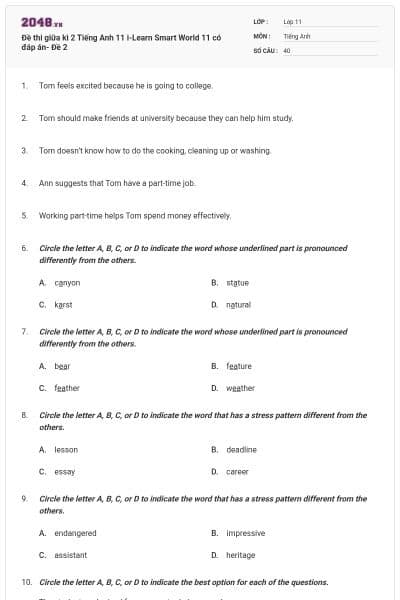 Đề thi giữa kì 2 Tiếng Anh 11 i-Learn Smart World 11 có đáp án- Đề 2