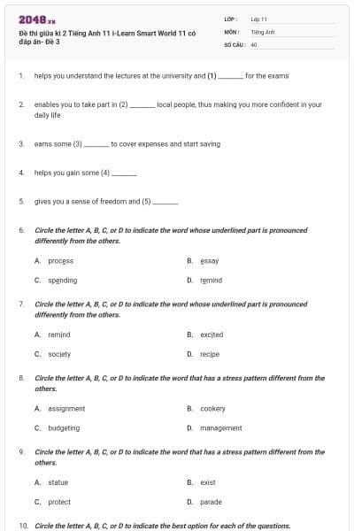 Đề thi giữa kì 2 Tiếng Anh 11 i-Learn Smart World 11 có đáp án- Đề 3
