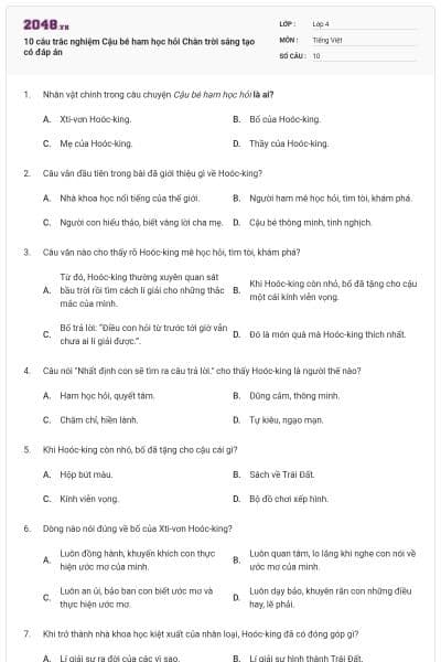 10 câu trắc nghiệm Cậu bé ham học hỏi Chân trời sáng tạo có đáp án