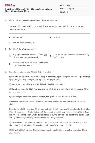 3 câu trắc nghiệm Luyện tập viết đoạn văn tưởng tượng Chân trời sáng tạo có đáp án