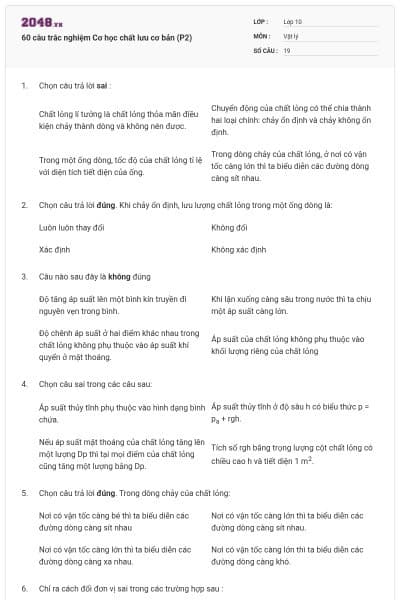 60 câu trắc nghiệm Cơ học chất lưu cơ bản (P2)