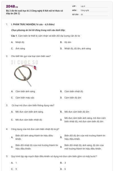 Bộ 2 đề thi cuối học kì 2 Công nghệ 8 Kết nối tri thức có đáp án (Đề 2)