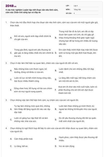 4 câu trắc nghiệm Luyện tập viết đoạn văn nêu tình cảm, cảm xúc Chân trời sáng tạo có đáp án