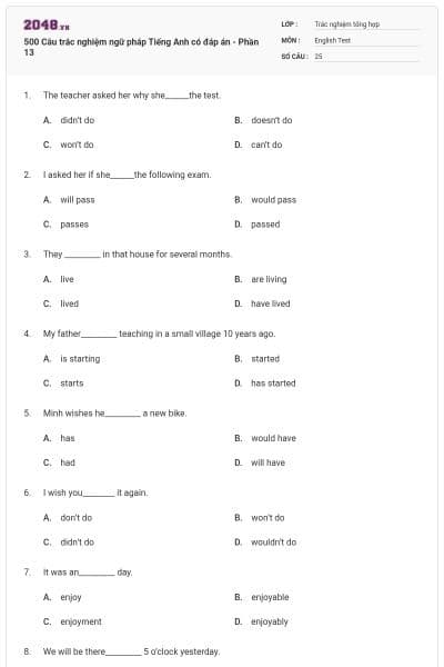 500 Câu trắc nghiệm ngữ pháp Tiếng Anh có đáp án - Phần 13