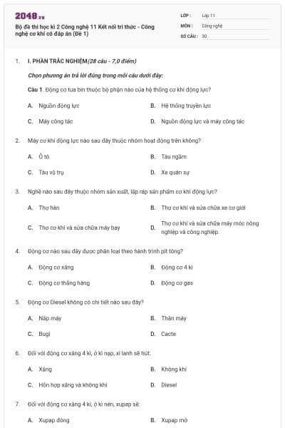 Bộ đề thi học kì 2 Công nghệ 11 Kết nối tri thức - Công nghệ cơ khí có đáp án (Đề 1)