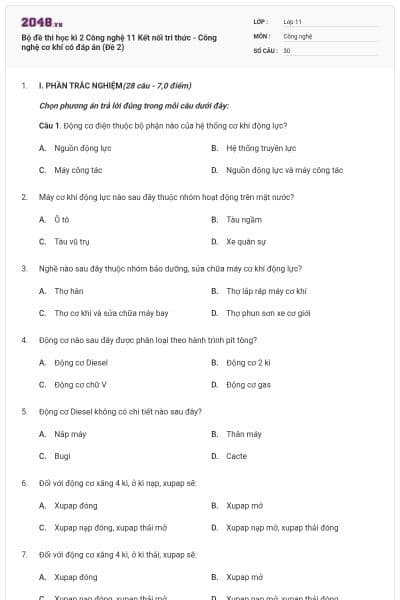 Bộ đề thi học kì 2 Công nghệ 11 Kết nối tri thức - Công nghệ cơ khí có đáp án (Đề 2)