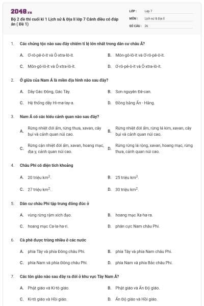 Bộ 2 đề thi cuối kì 1 Lịch sử & Địa lí lớp 7 Cánh diều có đáp án ( Đề 1)