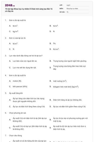 76 bài tập Khoa học tự nhiên 8 Chân trời sáng tạo Bài 16 có đáp án