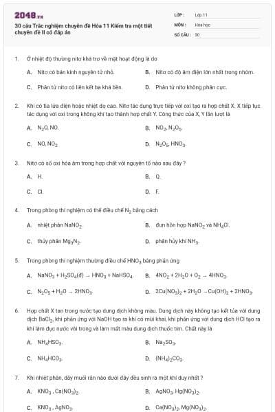 30 câu Trắc nghiệm chuyên đề Hóa 11 Kiểm tra một tiết chuyên đề II có đáp án