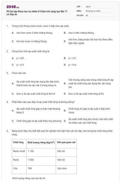 90 bài tập Khoa học tự nhiên 8 Chân trời sáng tạo Bài 17 có đáp án