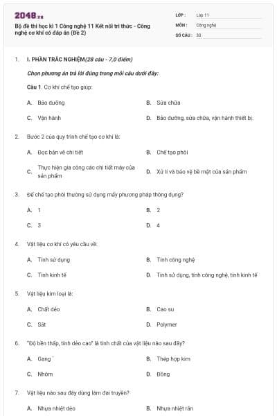 Bộ đề thi học kì 1 Công nghệ 11 Kết nối tri thức - Công nghệ cơ khí có đáp án (Đề 2)