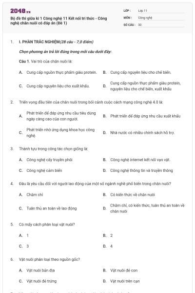 Bộ đề thi giữa kì 1 Công nghệ 11 Kết nối tri thức - Công nghệ chăn nuôi có đáp án (Đề 1)