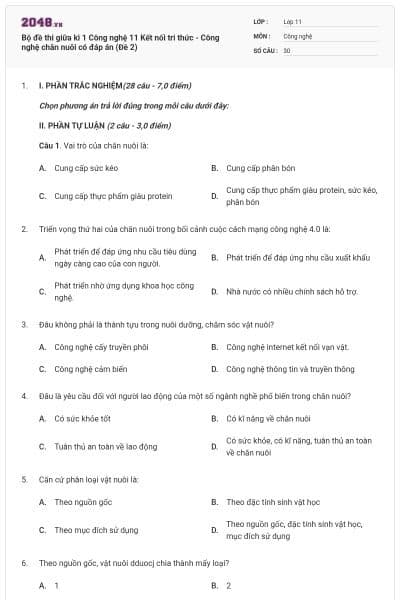 Bộ đề thi giữa kì 1 Công nghệ 11 Kết nối tri thức - Công nghệ chăn nuôi có đáp án (Đề 2)