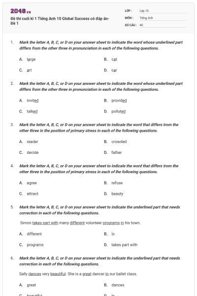 Đề thi cuối kì 1 Tiếng Anh 10 Global Success có đáp án- Đề 1