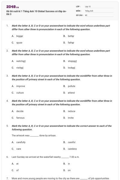 Đề thi cuối kì 1 Tiếng Anh 10 Global Success có đáp án- Đề 3