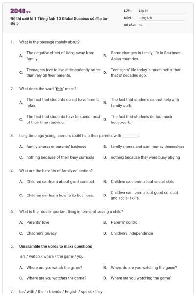 Đề thi cuối kì 1 Tiếng Anh 10 Global Success có đáp án- Đề 5