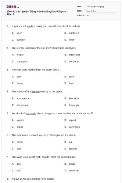 200 câu trắc nghiệm Tiếng Anh từ trái nghĩa có đáp án - Phần 3