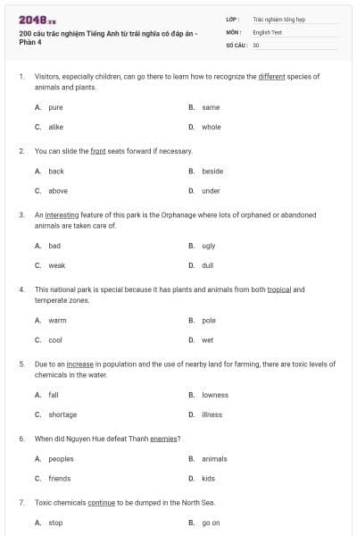200 câu trắc nghiệm Tiếng Anh từ trái nghĩa có đáp án - Phần 4