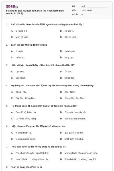 Bộ 2 đề thi giữa kì 2 Lịch sử & Địa lí lớp 7 Kết nối tri thức có đáp án (Đề 1)