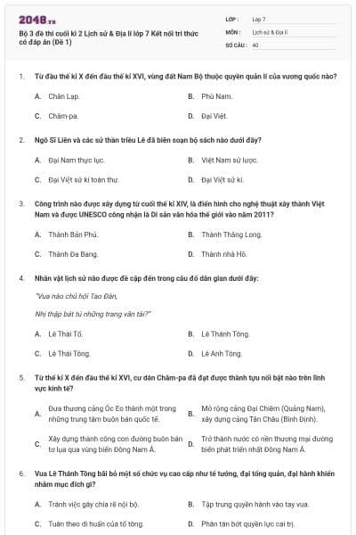 Bộ 3 đề thi cuối kì 2 Lịch sử & Địa lí lớp 7 Kết nối tri thức có đáp án (Đề 1)