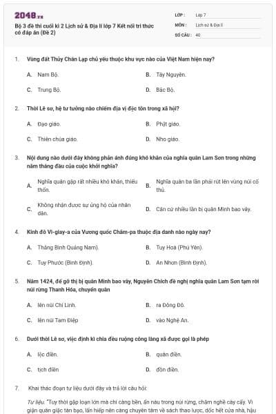 Bộ 3 đề thi cuối kì 2 Lịch sử & Địa lí lớp 7 Kết nối tri thức có đáp án (Đề 2)