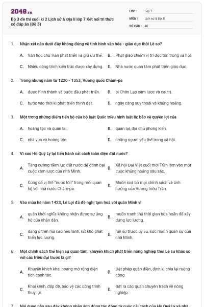 Bộ 3 đề thi cuối kì 2 Lịch sử & Địa lí lớp 7 Kết nối tri thức có đáp án (Đề 3)
