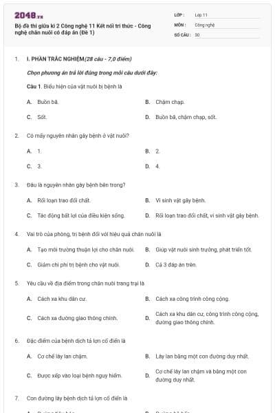 Bộ đề thi giữa kì 2 Công nghệ 11 Kết nối tri thức - Công nghệ chăn nuôi có đáp án (Đề 1)