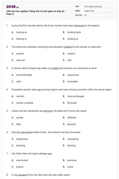200 câu trắc nghiệm Tiếng Anh từ trái nghĩa có đáp án - Phần 5