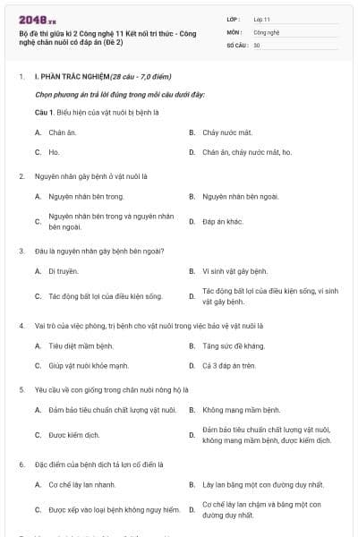 Bộ đề thi giữa kì 2 Công nghệ 11 Kết nối tri thức - Công nghệ chăn nuôi có đáp án (Đề 2)