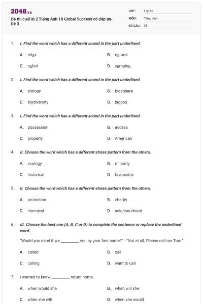 Đề thi cuối kì 2 Tiếng Anh 10 Global Success có đáp án- Đề 3