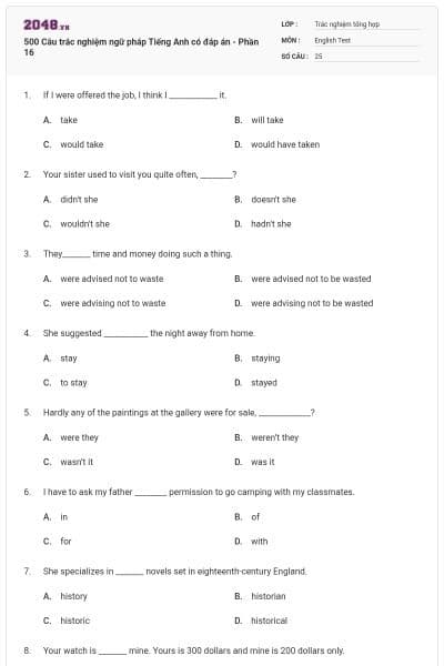 500 Câu trắc nghiệm ngữ pháp Tiếng Anh có đáp án - Phần 16
