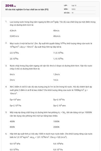 60 câu trắc nghiệm Cơ học chất lưu cơ bản (P3)