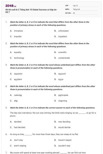 Đề thi cuối kì 2 Tiếng Anh 10 Global Success có đáp án- Đề 7