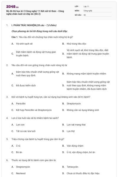 Bộ đề thi học kì 2 Công nghệ 11 Kết nối tri thức - Công nghệ chăn nuôi có đáp án (Đề 2)