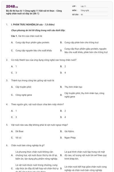 Bộ đề thi học kì 1 Công nghệ 11 Kết nối tri thức - Công nghệ chăn nuôi có đáp án (Đề 1)