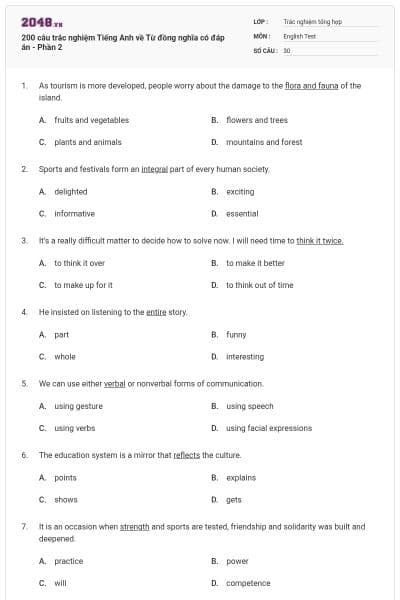 200 câu trắc nghiệm Tiếng Anh về Từ đồng nghĩa có đáp án - Phần 2