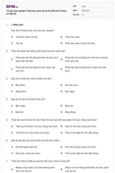 15 câu trắc nghiệm Thằn lằn xanh và tắc kè Kết nối tri thức có đáp án