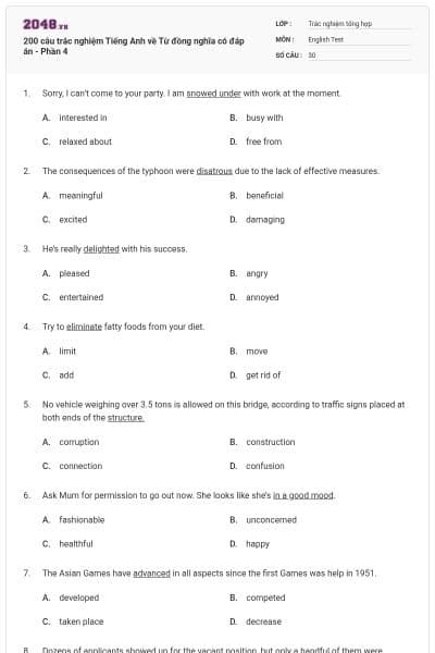 200 câu trắc nghiệm Tiếng Anh về Từ đồng nghĩa có đáp án - Phần 4