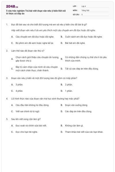 5 câu trắc nghiệm Trả bài viết đoạn văn nêu ý kiến Kết nối tri thức có đáp án