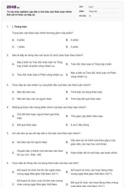 14 câu trắc nghiệm Lập dàn ý cho báo cáo thảo luận nhóm Kết nối tri thức có đáp án