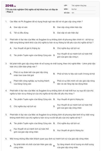 770 câu trắc nghiệm Chủ nghĩa xã hội khoa học có đáp án - Phần 2