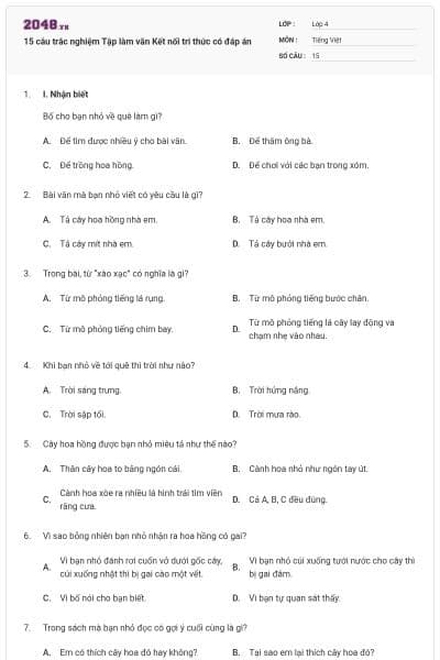 15 câu trắc nghiệm Tập làm văn Kết nối tri thức có đáp án