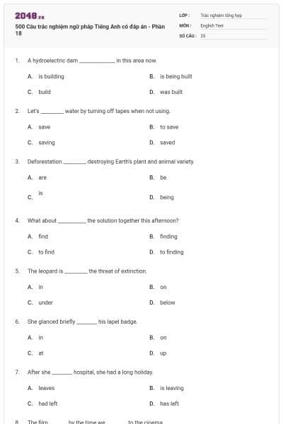 500 Câu trắc nghiệm ngữ pháp Tiếng Anh có đáp án - Phần 18