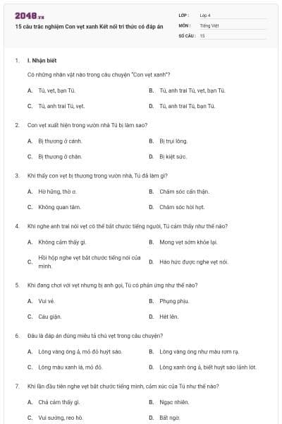 15 câu trắc nghiệm Con vẹt xanh Kết nối tri thức có đáp án