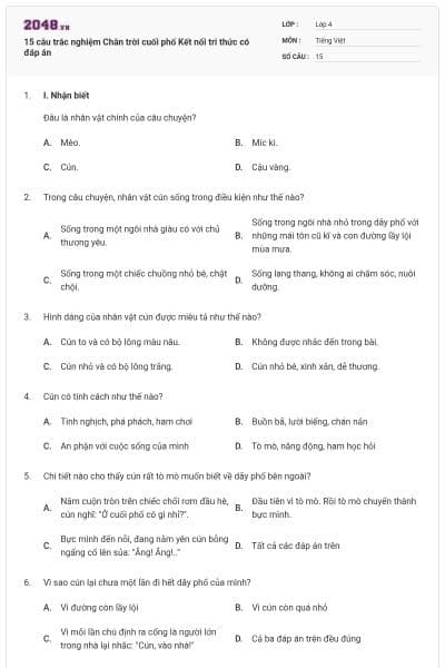 15 câu trắc nghiệm Chân trời cuối phố Kết nối tri thức có đáp án