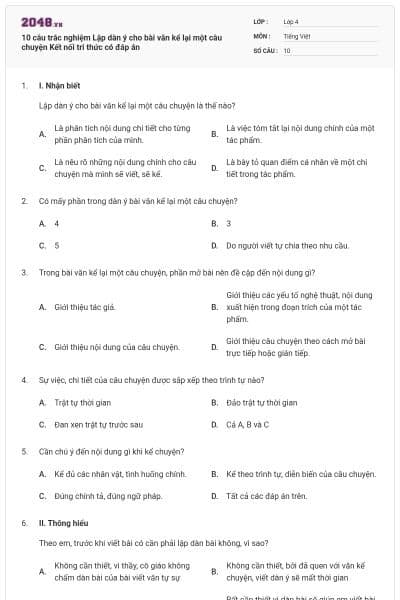 10 câu trắc nghiệm Lập dàn ý cho bài văn kể lại một câu chuyện Kết nối tri thức có đáp án