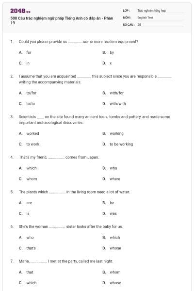 500 Câu trắc nghiệm ngữ pháp Tiếng Anh có đáp án - Phần 19