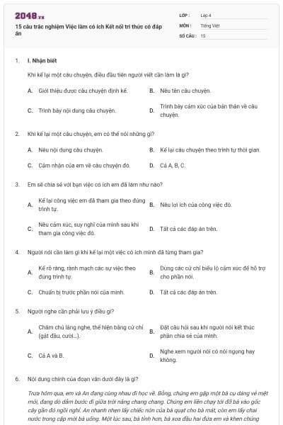 15 câu trắc nghiệm Việc làm có ích Kết nối tri thức có đáp án