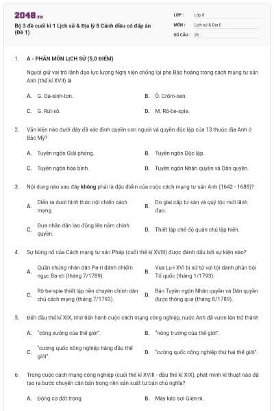 Bộ 3 đề cuối kì 1 Lịch sử & Địa lý 8 Cánh diều có đáp án (Đề 1)